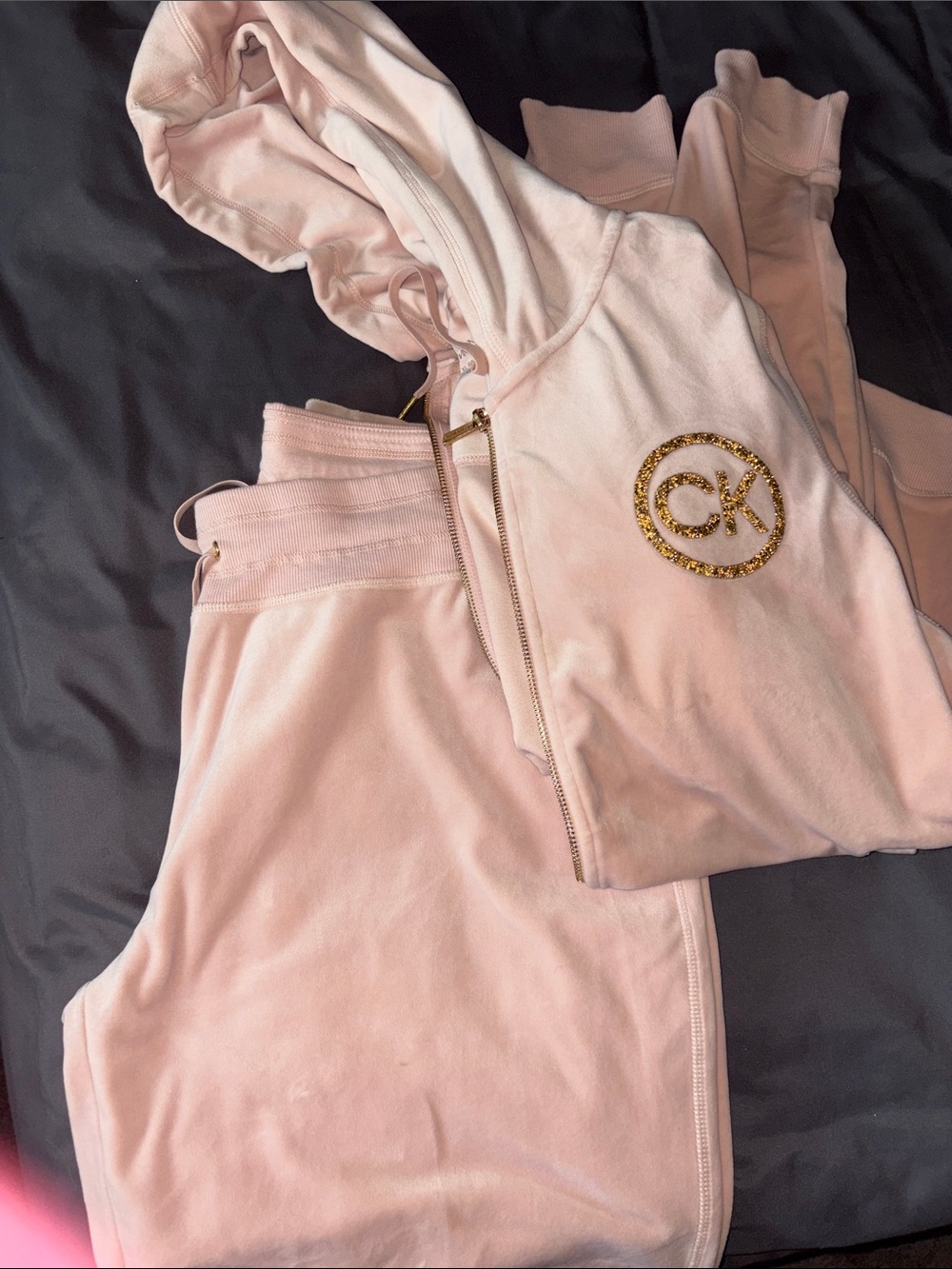 Calvin Klein Pale Pink Velour Hoodie and Jogger Set with Gold CK Logo